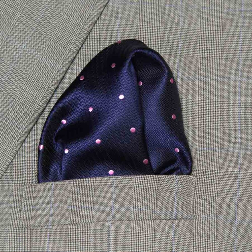 Gascoigne Pocket Square Navy Blue Pink Polka Dot Pattern